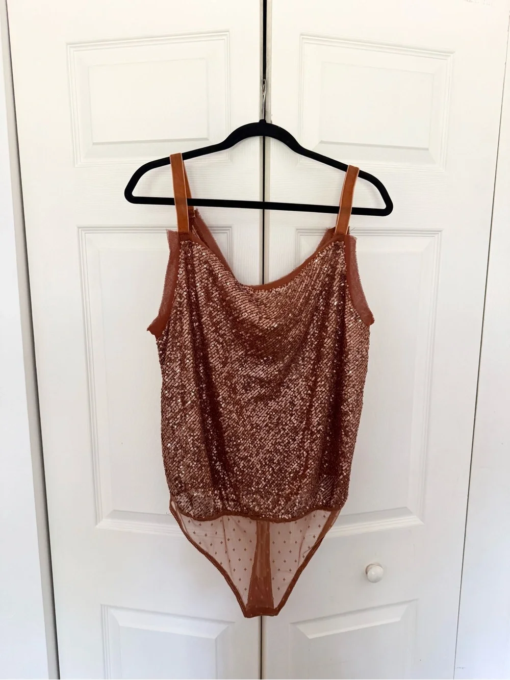 NWT Free People Shimmer & Shine Bodysuit in Sunset Orange Brown Sequins Size XL